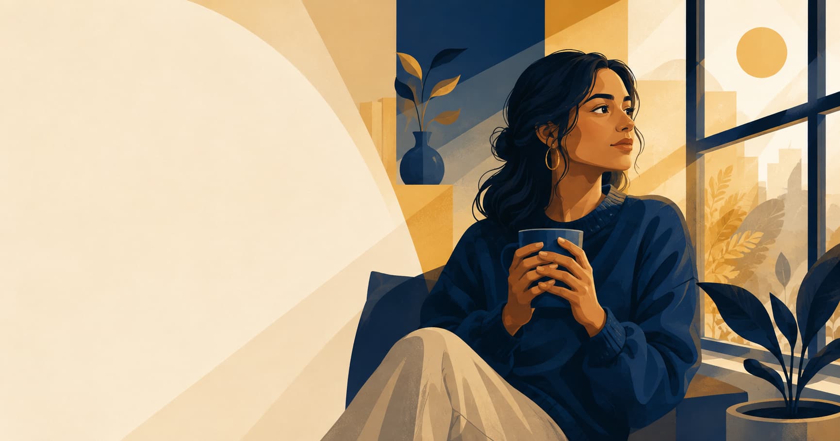 Ilustración de una mujer joven sentada junto a una ventana con una taza entre las manos, mirando hacia afuera mientras piensa si necesita terapia psicológica